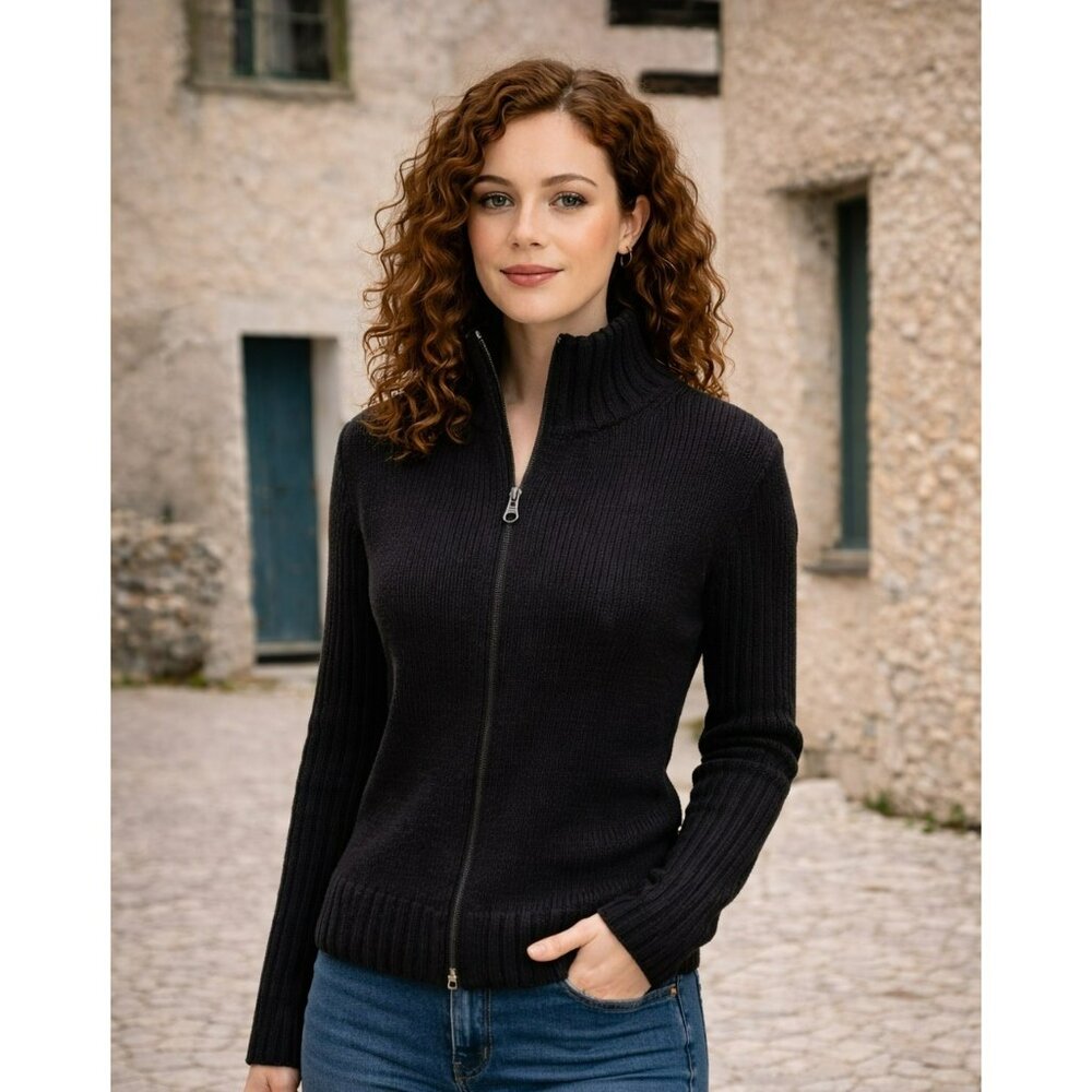 Banana Republic Merino Wool Ribbed Zip-Up Sweater Womens Medium Black